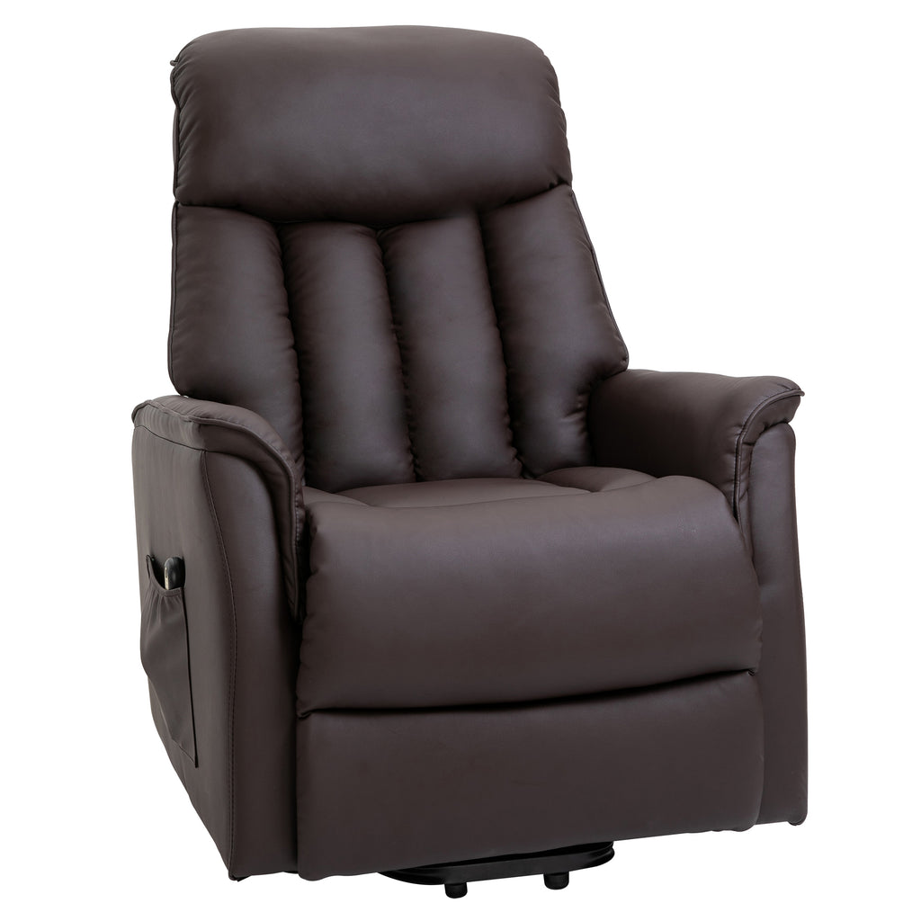 Relaxsessel Elektrisch Fernsehsessel mit Aufstehhilfe, Liegefunktion, TV Sessel mit Fußteil, Seitentasche, Fernbedienung, für Wohnzimmer, bis 150 kg, Kunstleder, Braun
