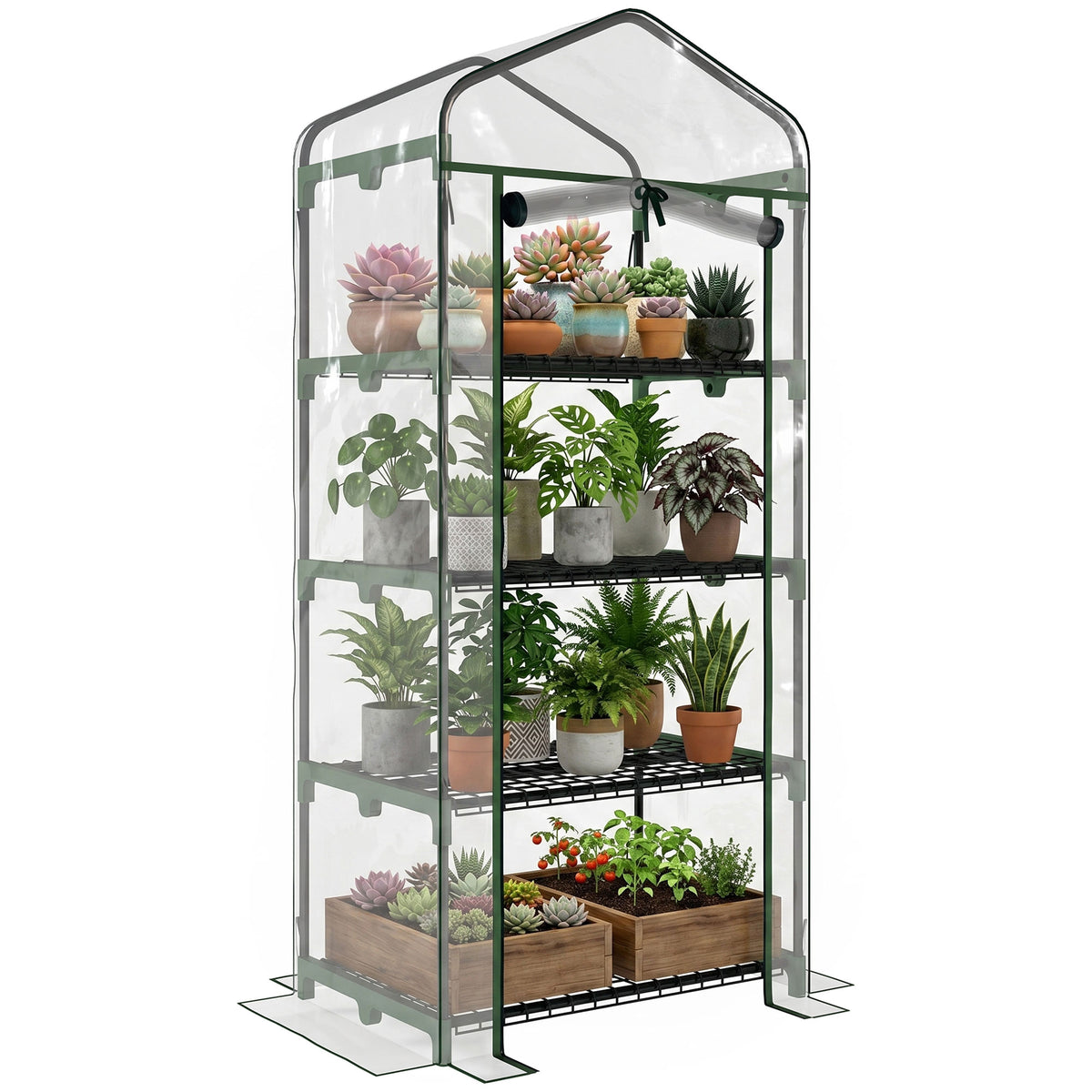 4 Tier Mini Portable Greenhouse Compact Plant Grow Shed Metal Frame PE Cover with Lockable Rolling Wheels, Clear