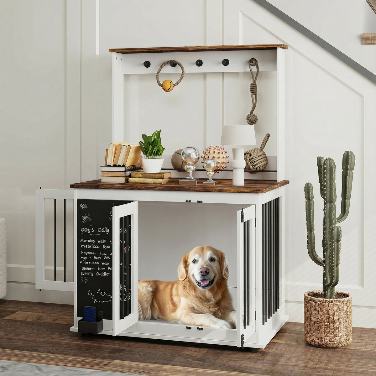 Hundebox mit Aufbewahrungsregal für Spielzeug, Haken für Leinen, Schreibtafel, Radiergummi, für große Hunde, Weiß