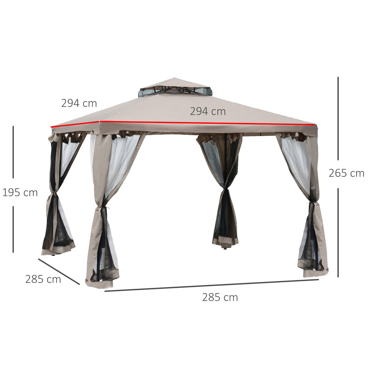  Outdoor Gazebo, 2-tier Roof with Netting, 295L x 295W x 263Hcm-Taupe