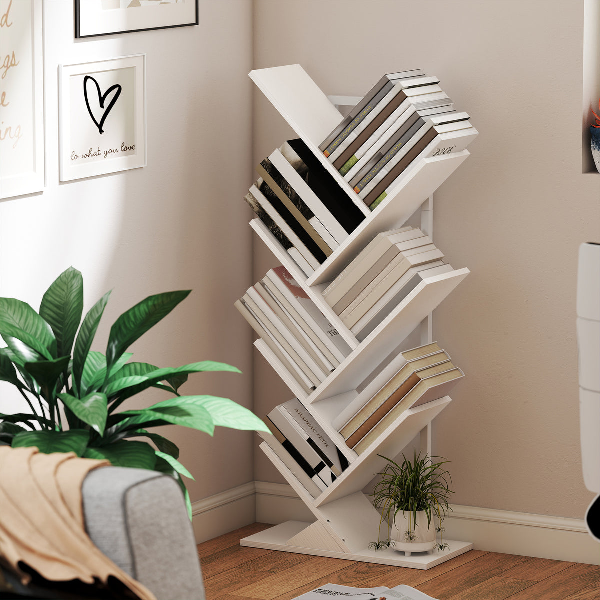 Bücherregal Standregal mit 7 Ebenen Schmal Regal im Baumform für Büro, Rustikal Weiß