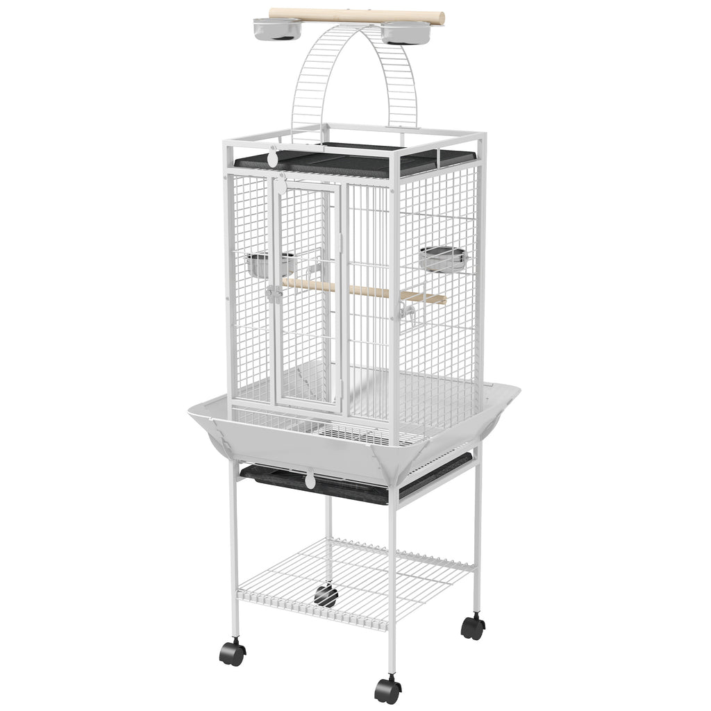 Vogelkäfig, Papageienkäfig mit 3 Türen, 2 Sitzstange, 360° Rollen, Futternapf, Ablage, Freisitz, 62,5x62,5x156cm, Weiß
