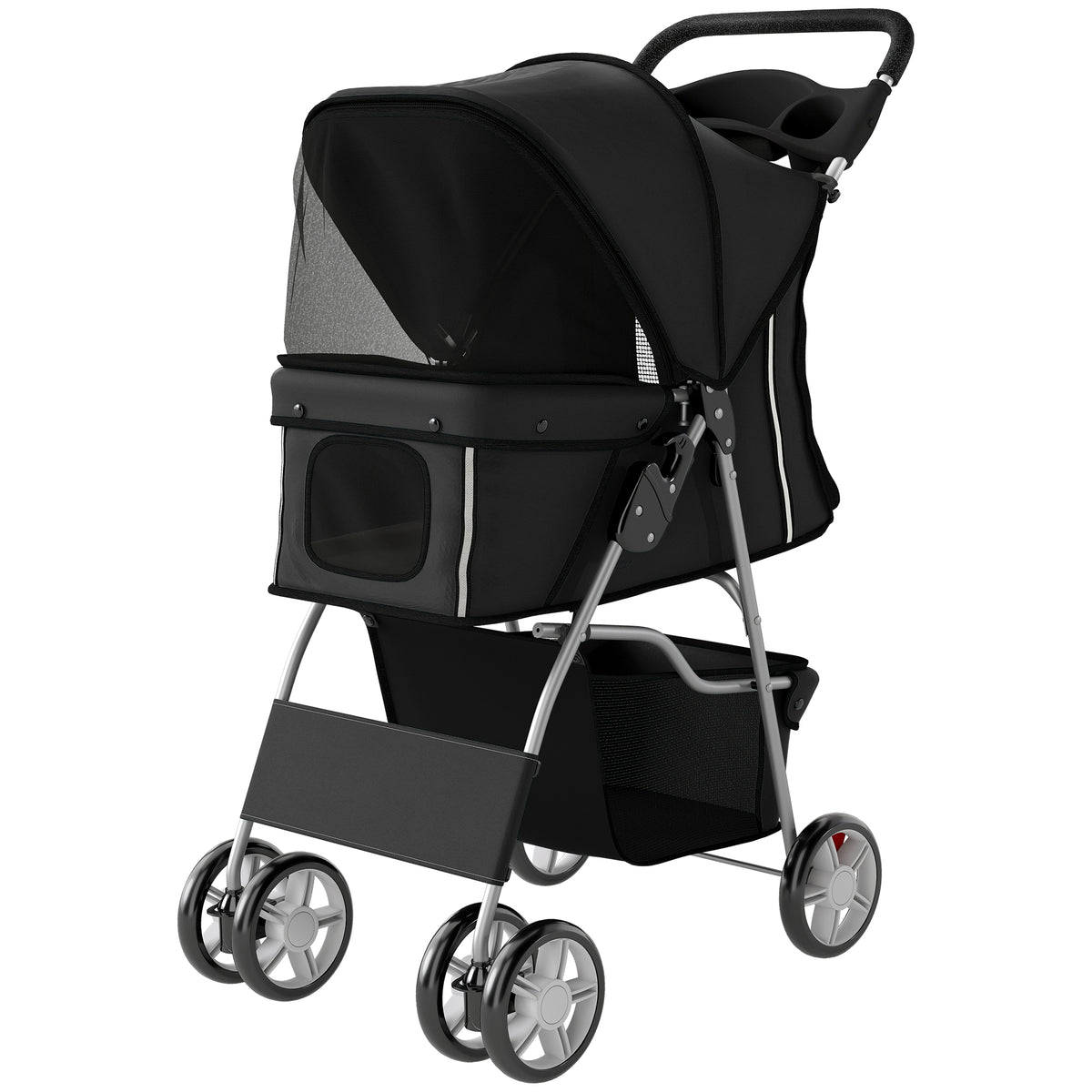 Dog Pram, Pet Stroller with Reflective Strips, Foldable Cat Stroller with 360° Swivel Wheels, Black