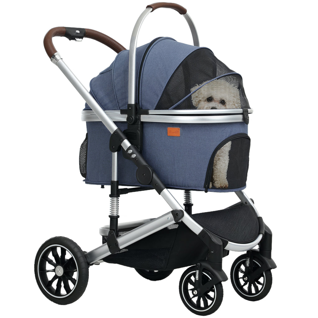 Hundewagen 3 in 1 Hundebuggy klappbar für Katzen bis 10 kg Katzenbuggy mit Kissen Becherhalter Dunkelblau