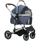 Hundewagen 3 in 1 Hundebuggy klappbar für Katzen bis 10 kg Katzenbuggy mit Kissen Becherhalter Dunkelblau