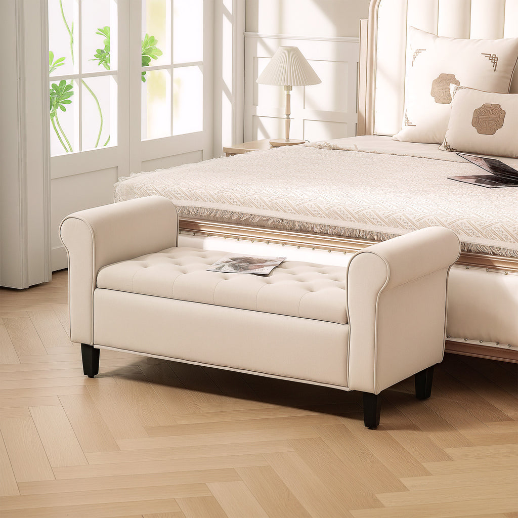 Sitzbank im Vintage-Design, Sitzbank mit Stauraum, Samtoptik, Beige