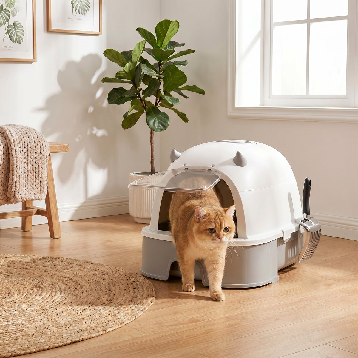Katzentoilette Edelstahl mit abnehmbarem Deckel, Schaufel & Aktivkohlefilter für kleine bis mittelgroße Katzen, Grau