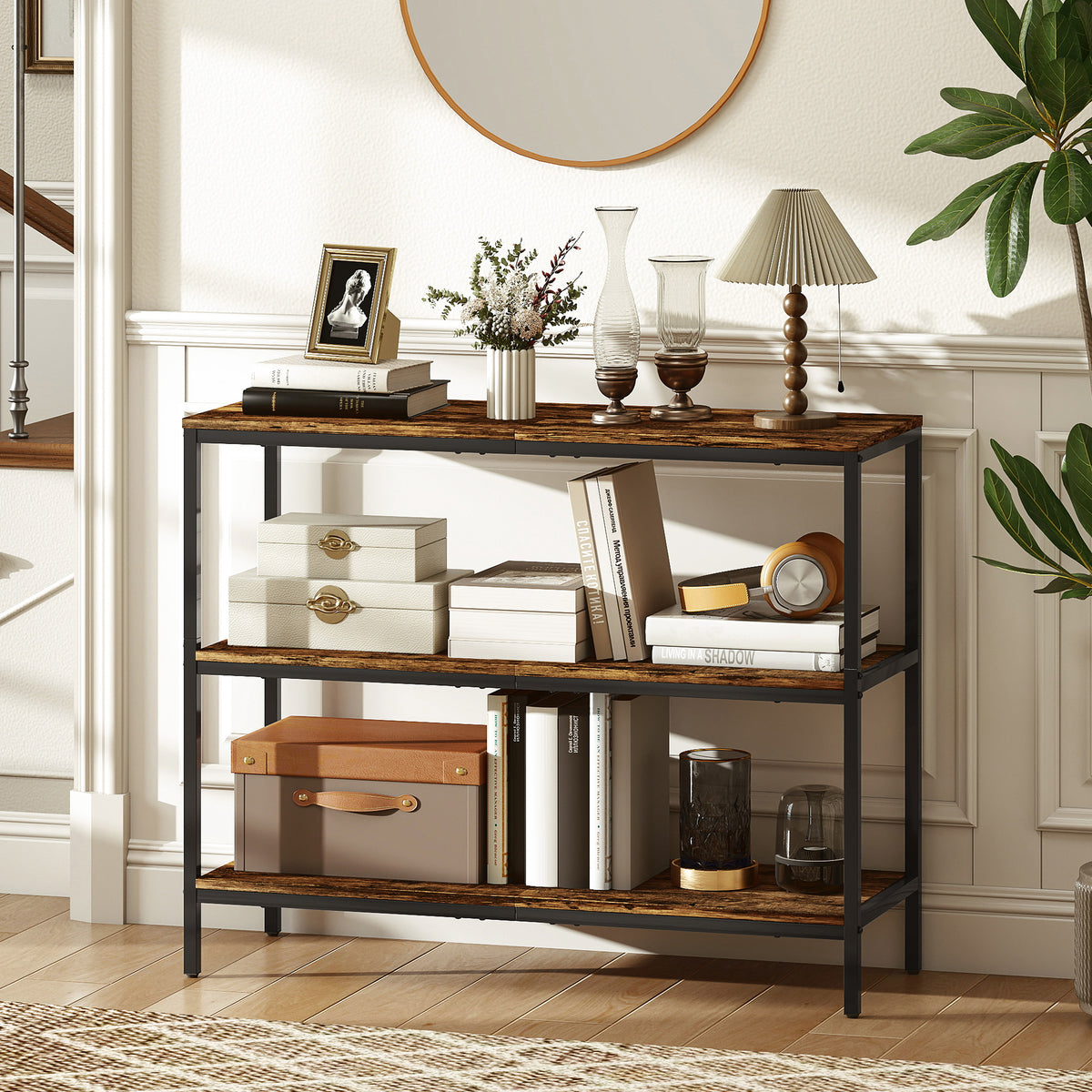 3-Tier Console Table with Storage Shelves - Rustic Brown