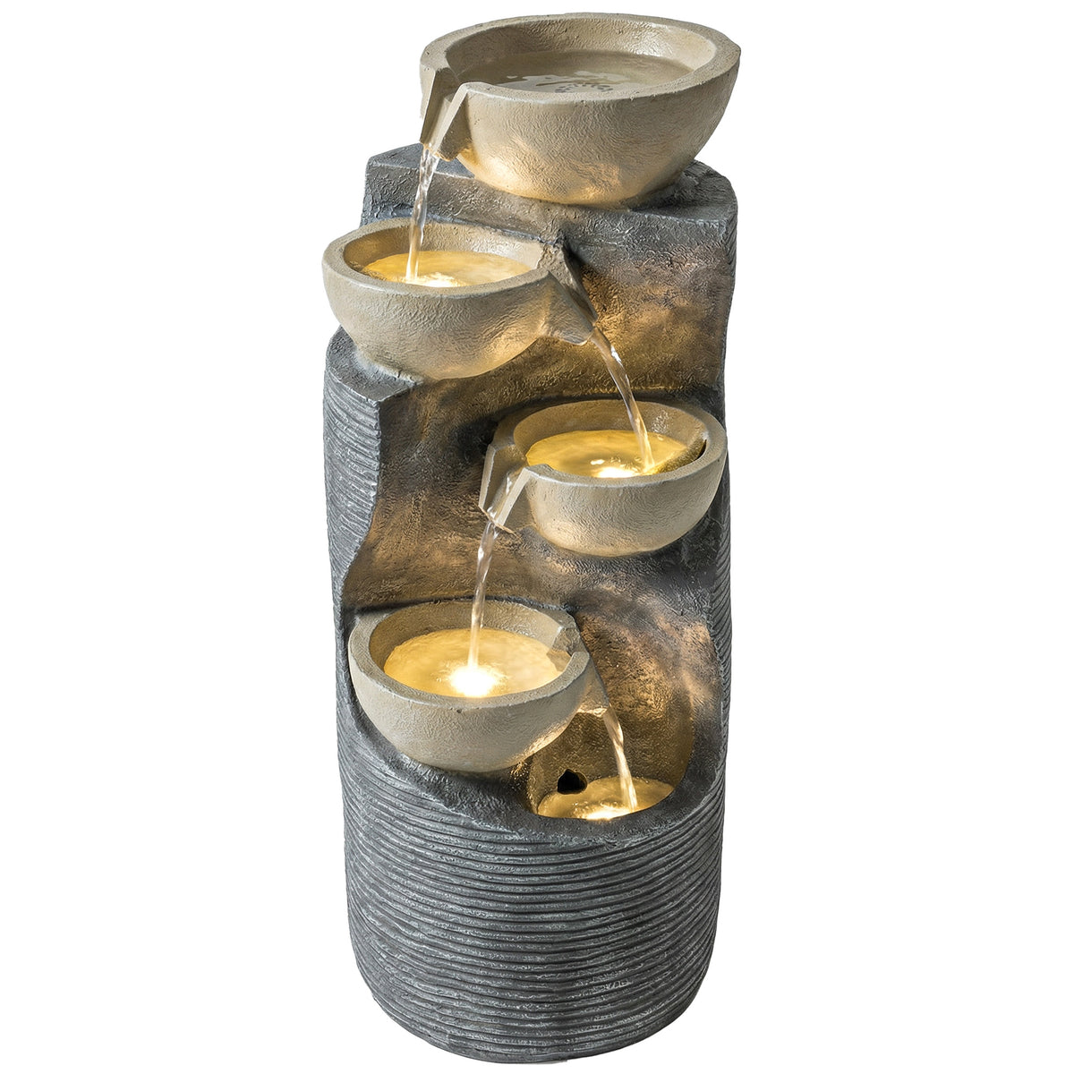Springbrunnen 5-stufig Gartenbrunnen mit LED Beleuchtung Pumpe Steinoptik, Verstellbar 33 x 31 x 80 cm