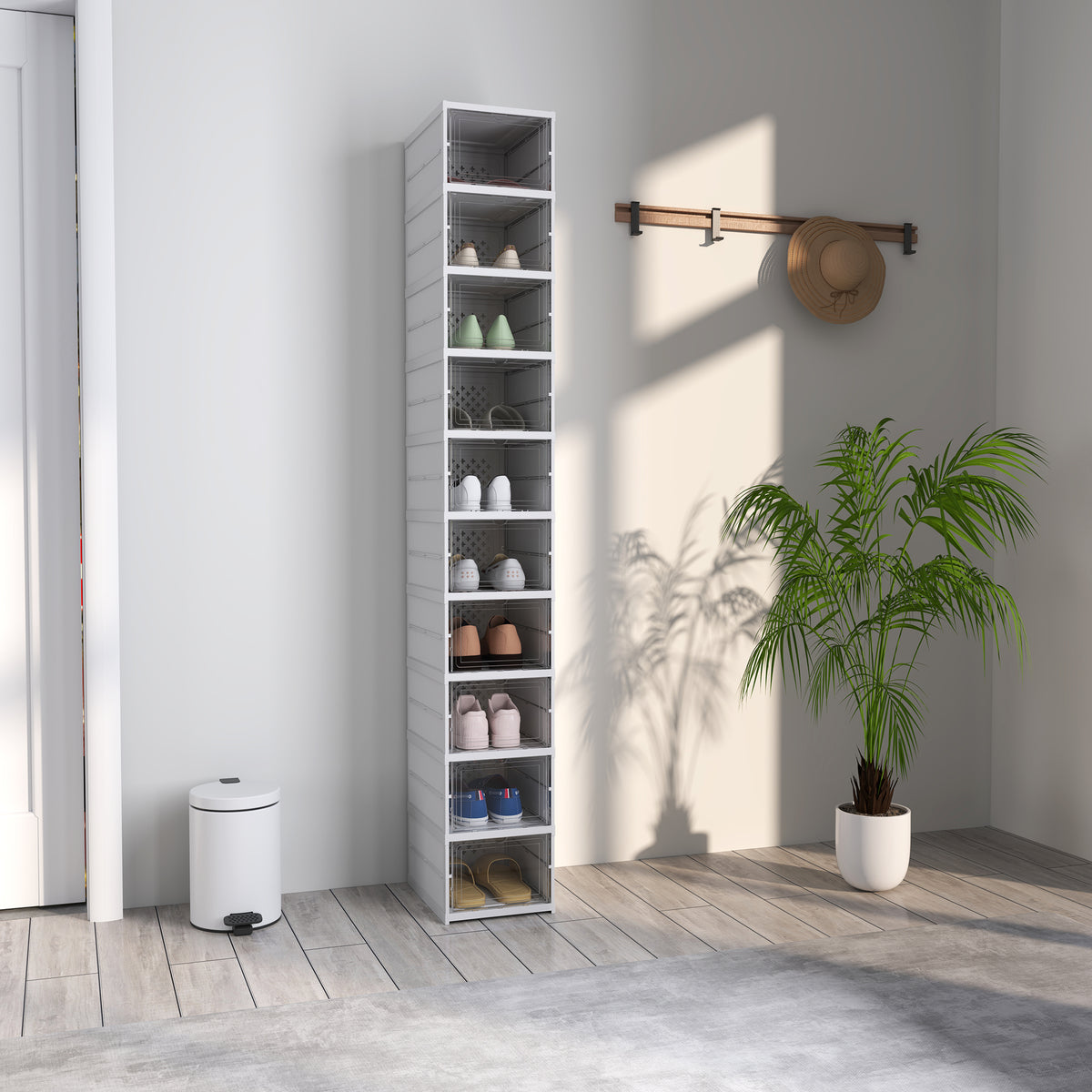 10-stufiges Schuhregal, Schuhschrank, faltbar, belüftete Rückseite, Kunststoff, Weiß