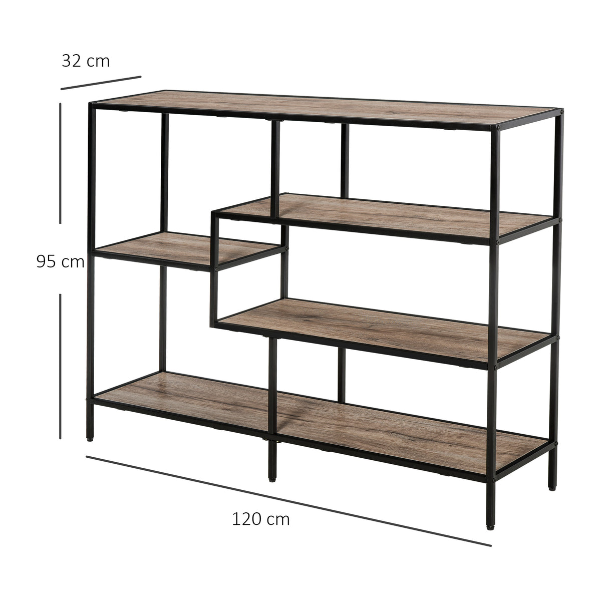 Standregal, Bücherregal Lagerregal Industrieller Stil, Aktenregal, Küchenregal, P2 Spanplatte, Metall, Schwarz+helle Eiche, 120 x 32 x 95 cm