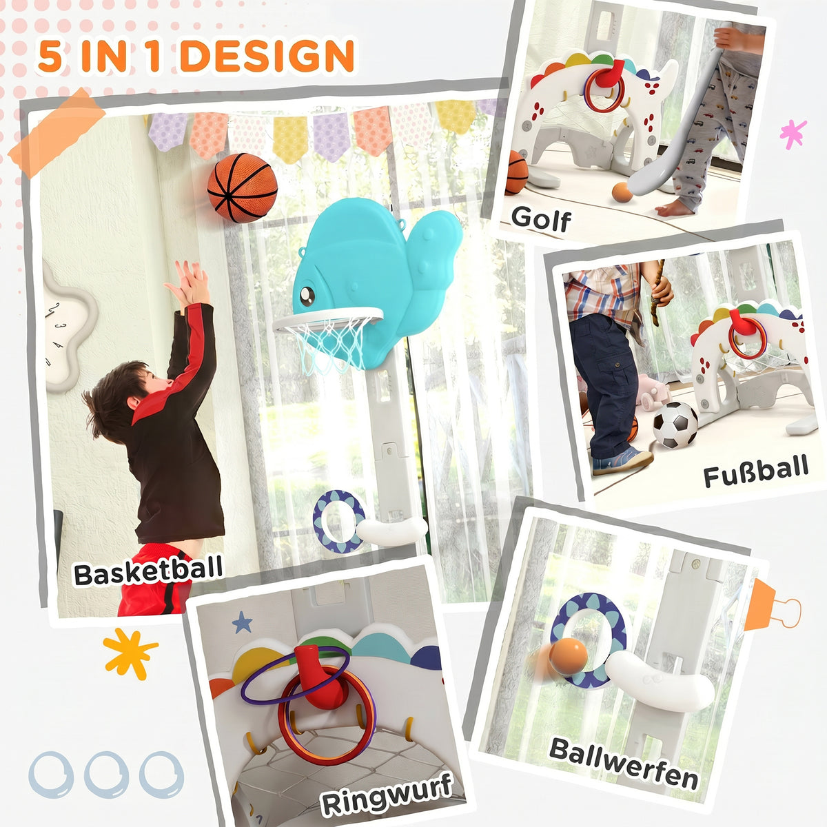 Kinder Basketballkorb 5 in 1 Höhenverstellbarer 134-152 cm mit Basketballs Pumpe Fußballtor Golfball Indoor Outdoor