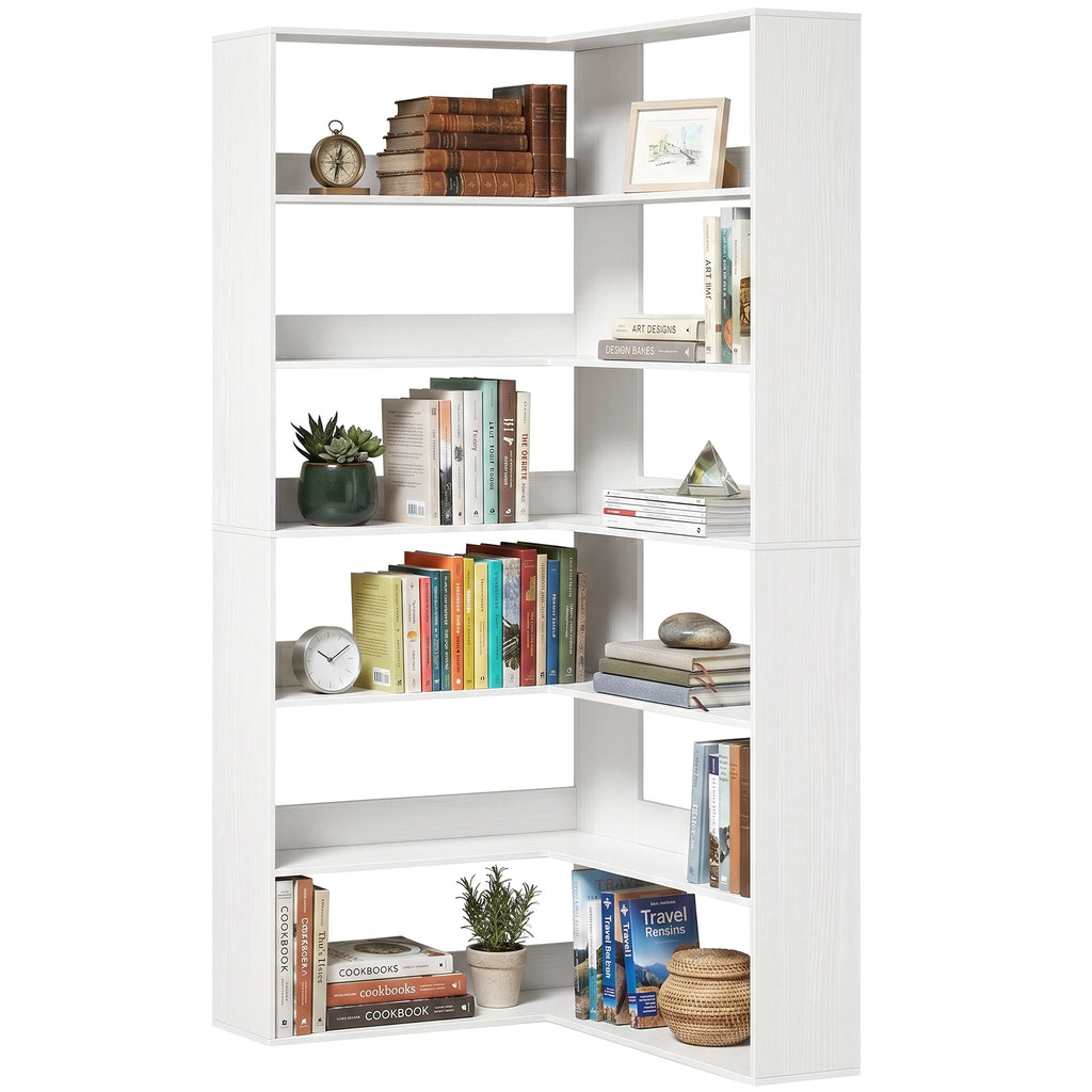 7 Tiers Bookshelf, L-Shaped Corner Bookcase with Anti-Slip Rear Guard, White Wood Effect
