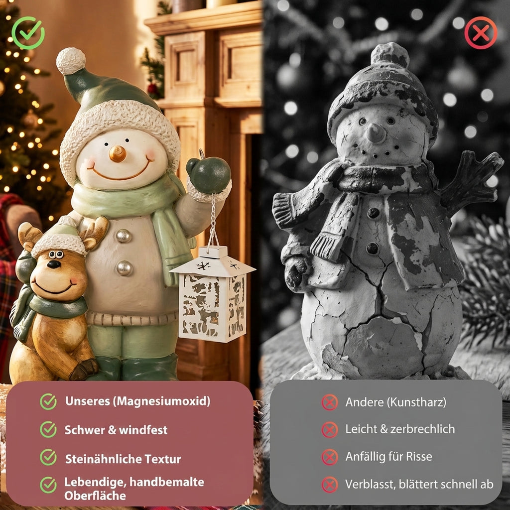 Schneemann-Figur 43 cm aus MGO mit LED-Laterne und Timer, für Eingangsbereich & Türbereich