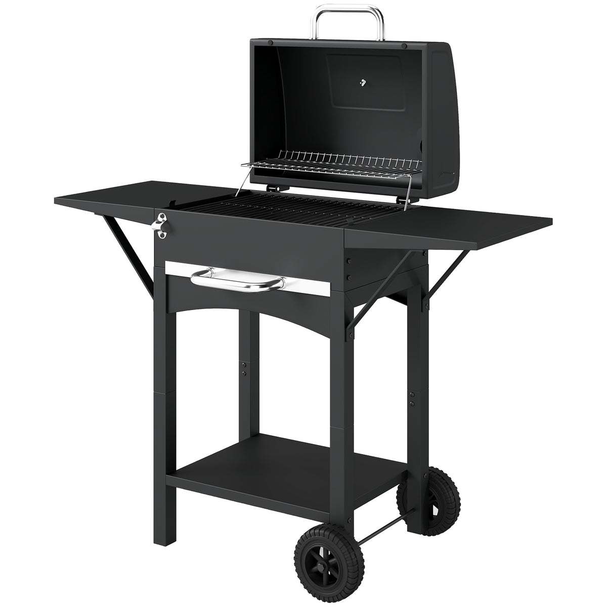 Holzkohlegrill mit Deckel, BBQ Smoker Grill mit 2 Seitentischen Große Grillfläche Grillrost Thermometer Räder