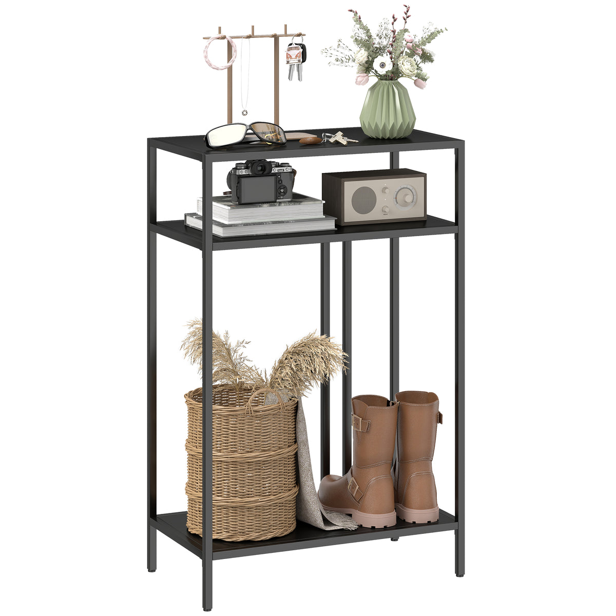 Konsolentisch 3-stufige Ablagen Schmaler Eingangsbereichstisch Stahlrahmen für Wohnzimmer Flur 55 cm Schwarz