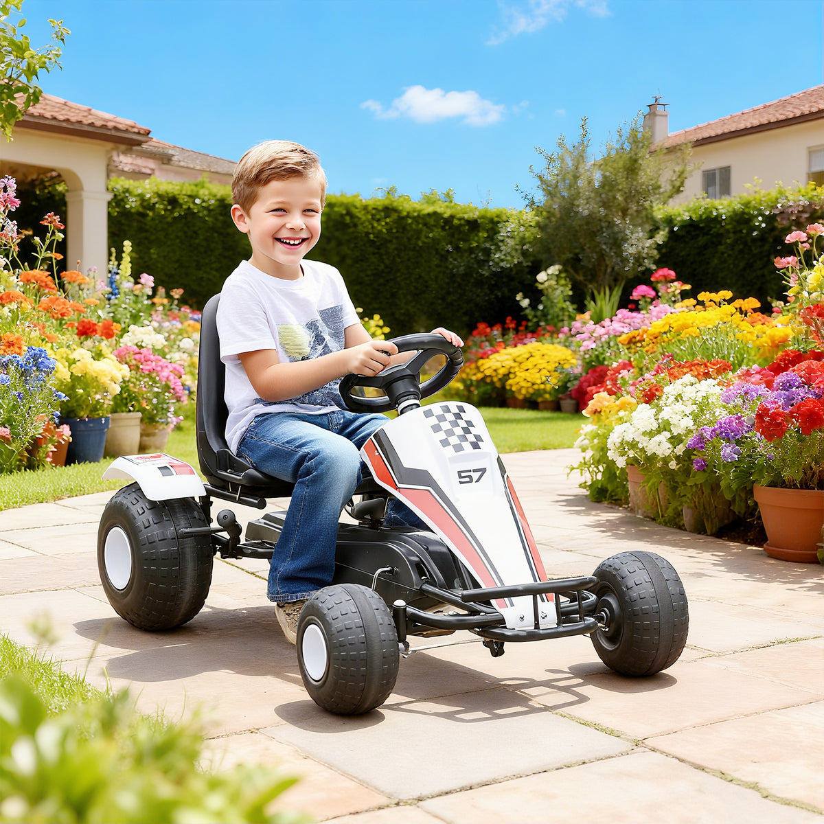 Gokart, Tretauto mit verstellbarem Sitz, Bremse, Pedalantrieb, Tretfahrzeug mit Vor- und Rückwärtsgang, Kinderfahrzeug bis 35 kg belastbar, für Kinder 3-6 Jahre Weiß