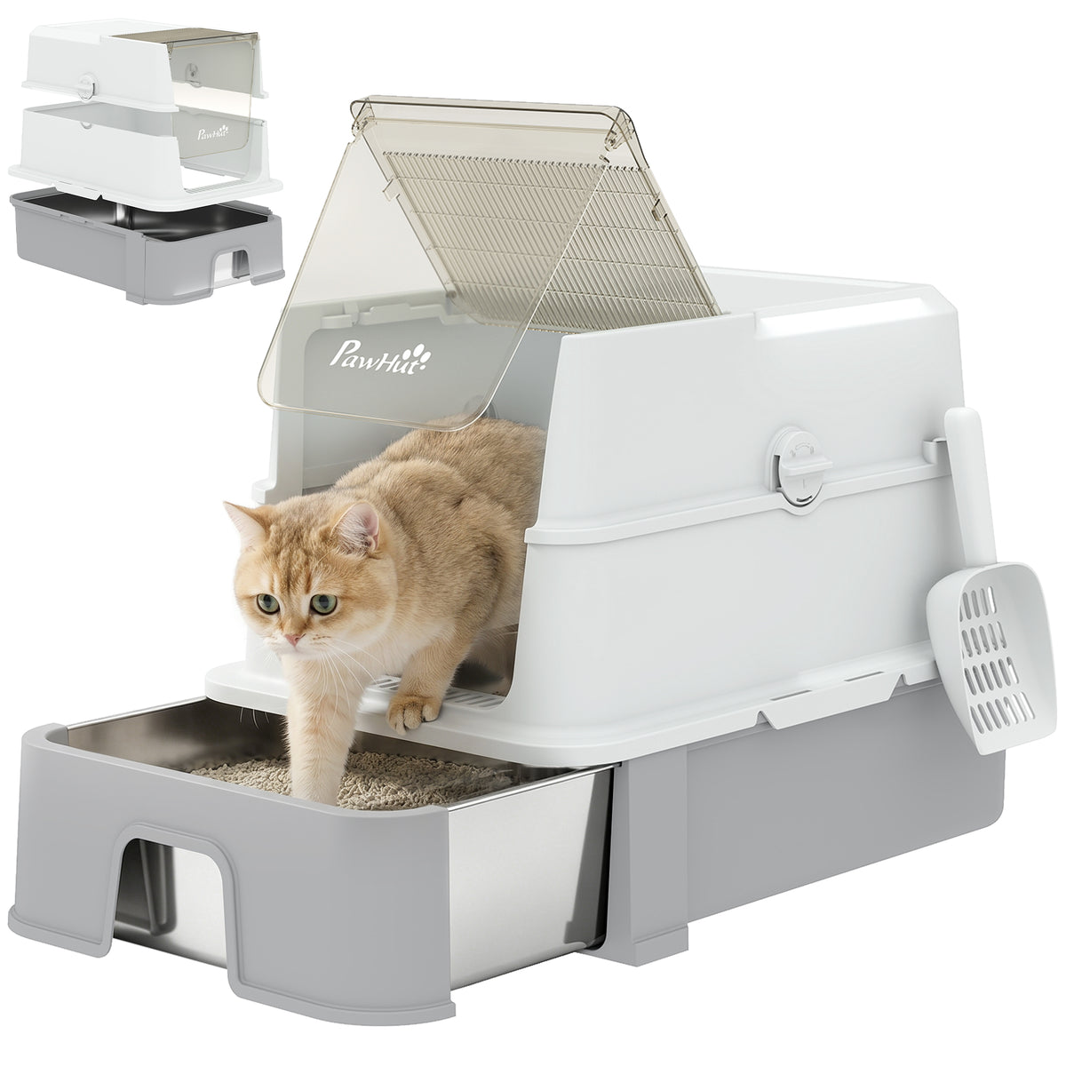 Katzentoilette aus Edelstahl mit Deckel, XL Katzenstreubox mit Schaufel, herausziehbare Wanne, hohe Seiten, leicht zu reinigen, grau