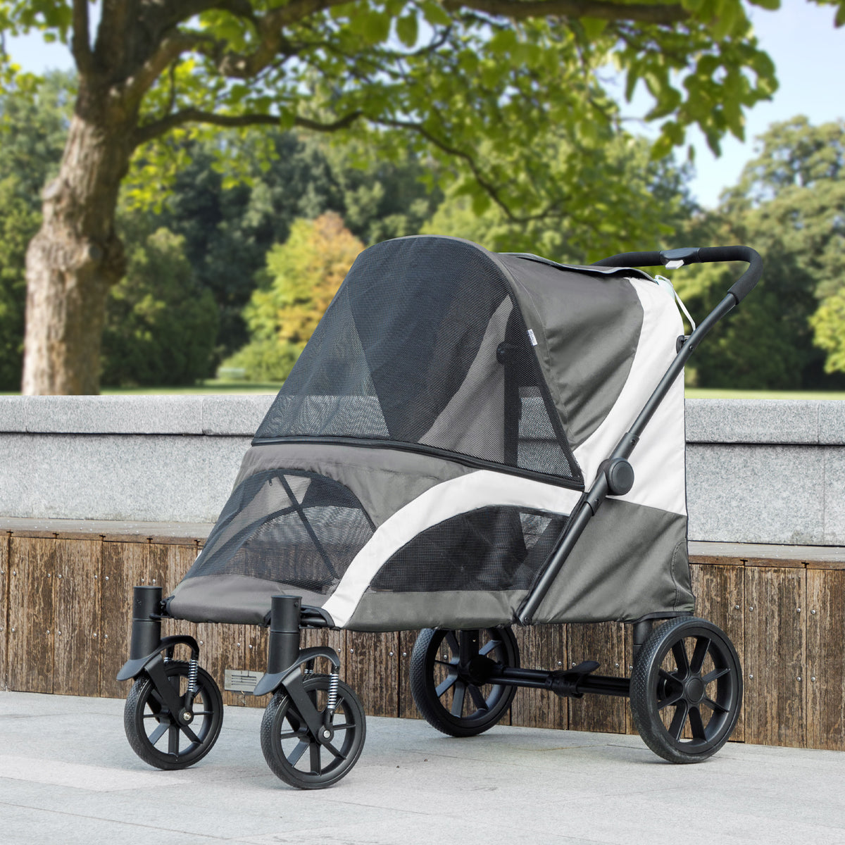 Foldable Pet Stroller for Medium Dogs with 4 Big Wheels, Shock-Absorbing Frame, Safety Leashes, Brakes, Dark Grey