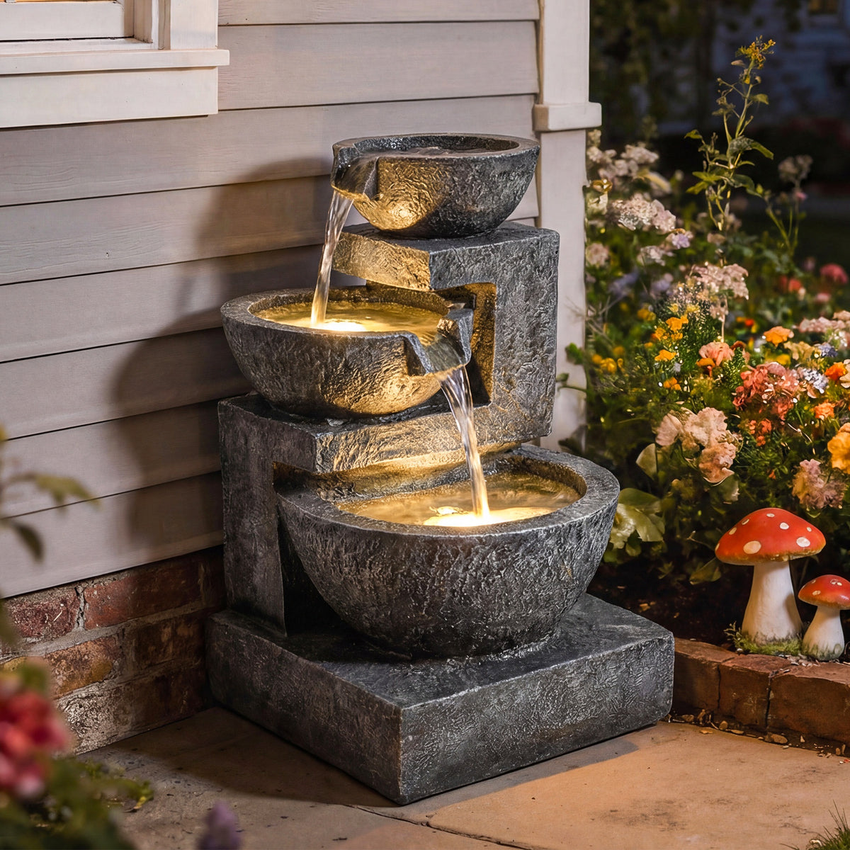 Springbrunnen 3-stufig Gartenbrunnen mit LED Beleuchtung Pumpe Steinoptik, Verstellbar 40 x 37 x 61 cm