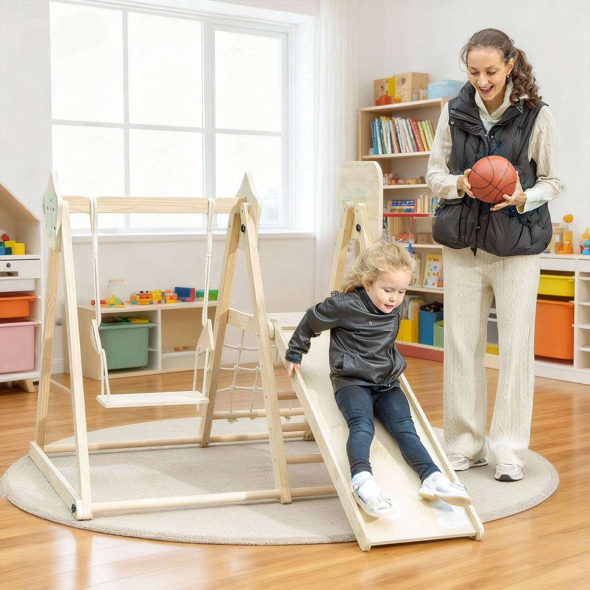 5-in-1 Indoor-Kletterger¨¹st mit Rutsche, Schaukel, Kletternetz, Basketballkorb, klappbar, 3-6 Jahre, Naturholz