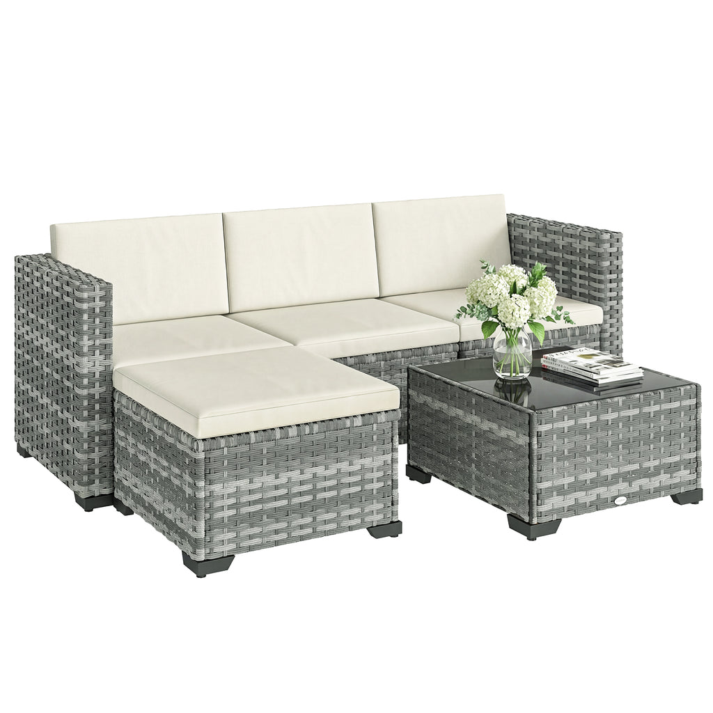 Polyrattan Gartenmöbel Set 5-teilig, Lounge Set mit Ecksofa Hocker Tisch Sitz- & Rückenkissen Grau+Cremeweiß