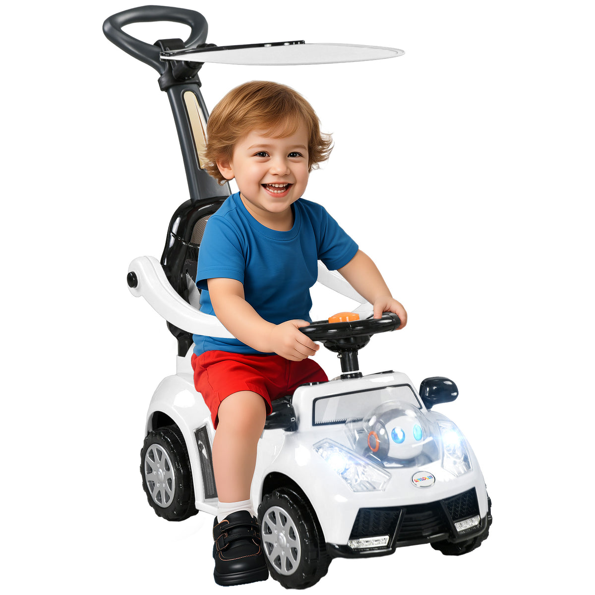2-in-1 Rutschauto, abnehmbares Verdeck, Lichter, Musik, Hupe, Kunststoff und Metall, 96 x 39 x 90 cm, Weiß/Schwarz