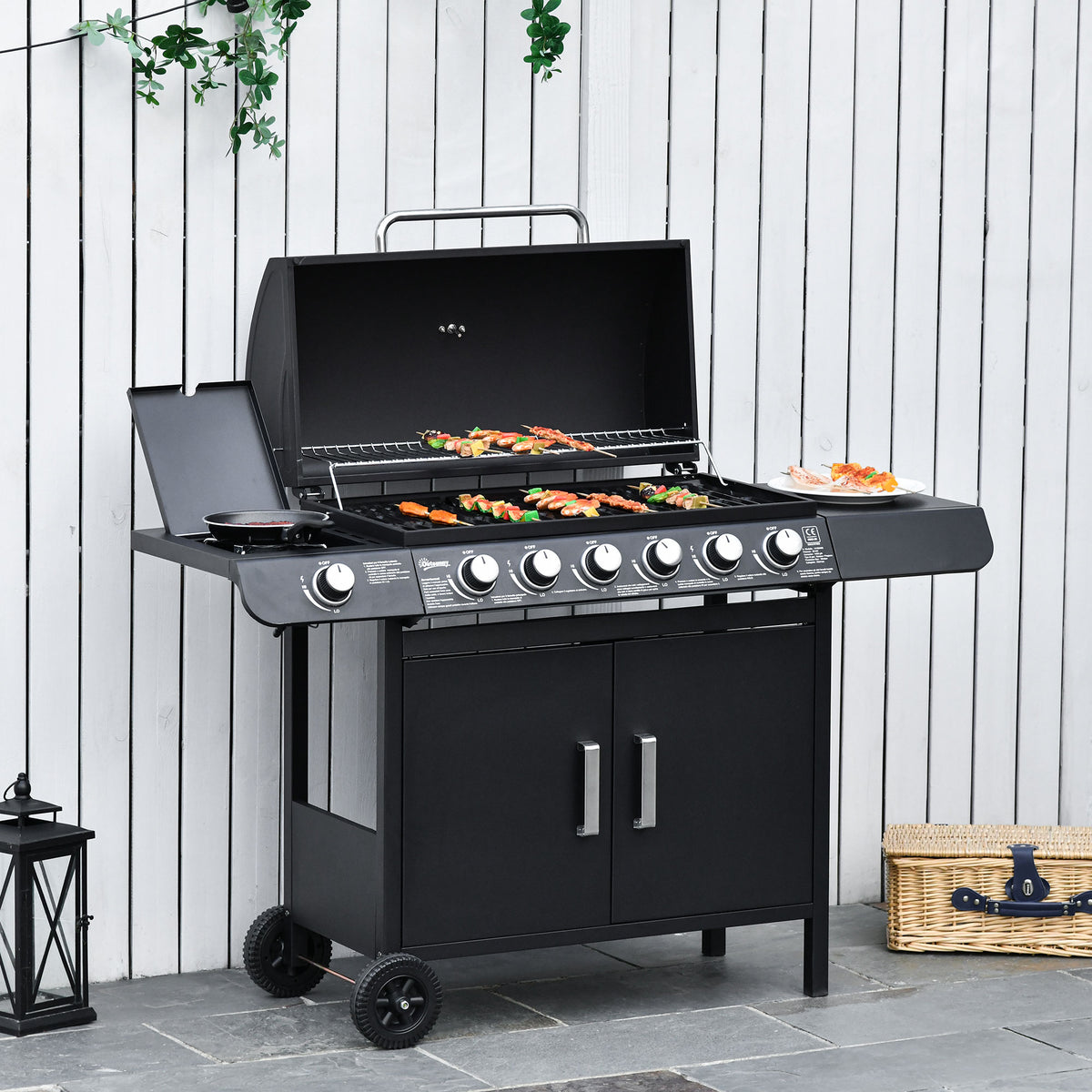 Gasgrill mit 7 Brennern, inkl. Thermometer, BBQ -Grill, mobiler Grill, Schwarz