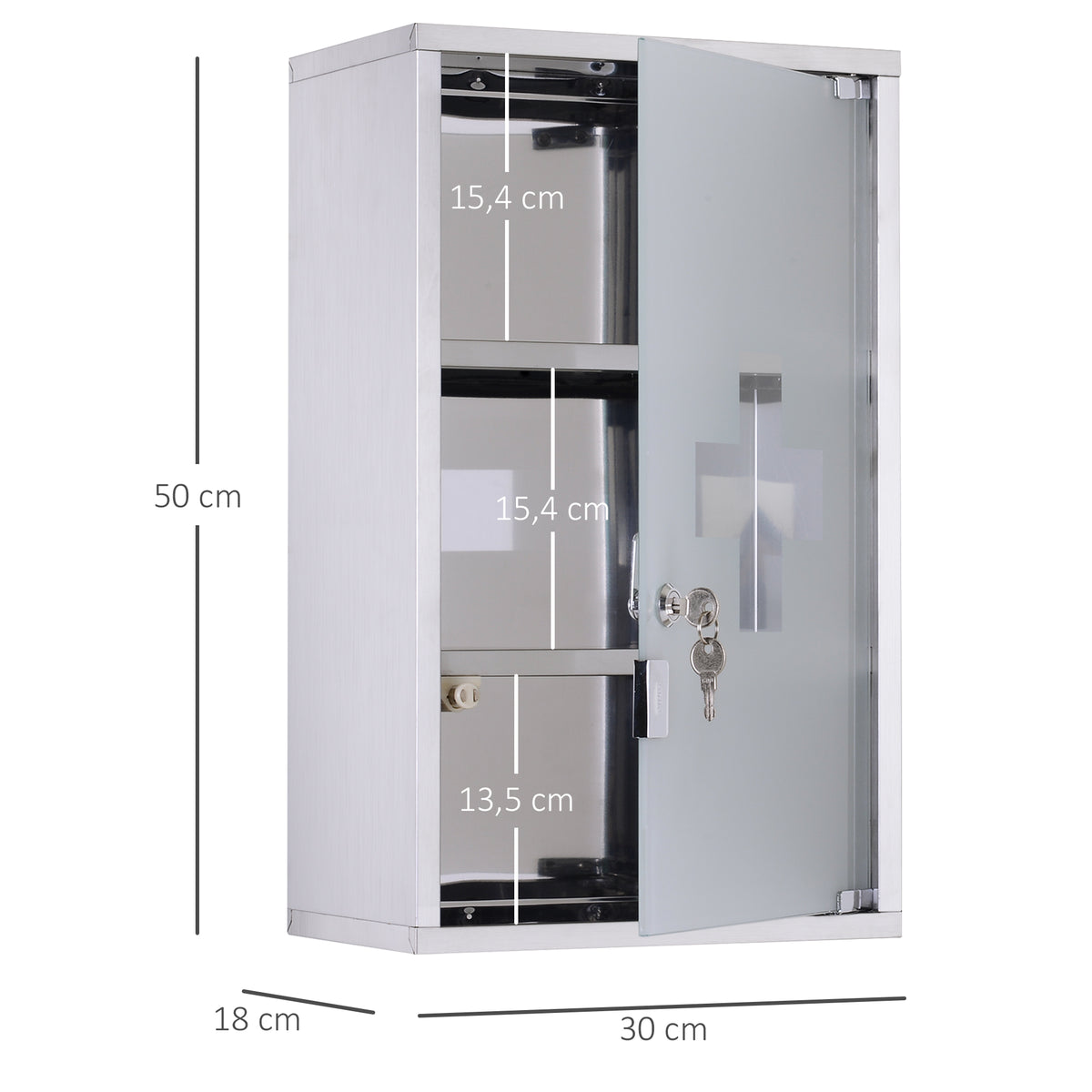 3 Tier Stainless Steel Wall Mounted Medicine Cabinet Glass Lockable Door Storage Shelves Houseware Bathroom Furniture w/2 Keys