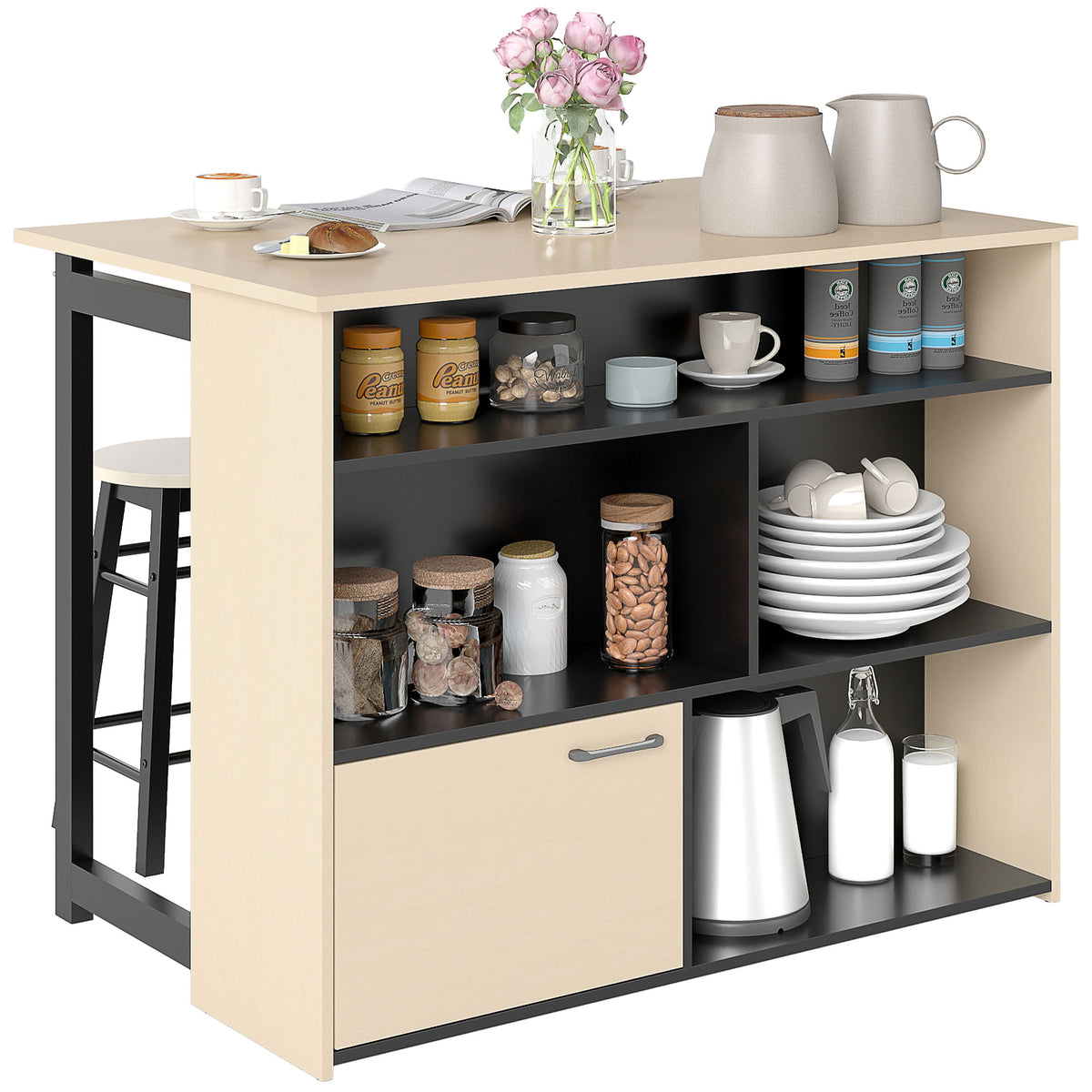 3-tlg. Barset, Bartisch mit klappbarer Tischplatte, 2 Barhocker, 6 Staufächer, schwarz+Eiche, 116 x 70 x 89,5 cm
