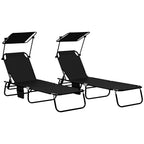 Set of Two Folding Sun Loungers, with Adjustable Backs and Sun Canopies - Black