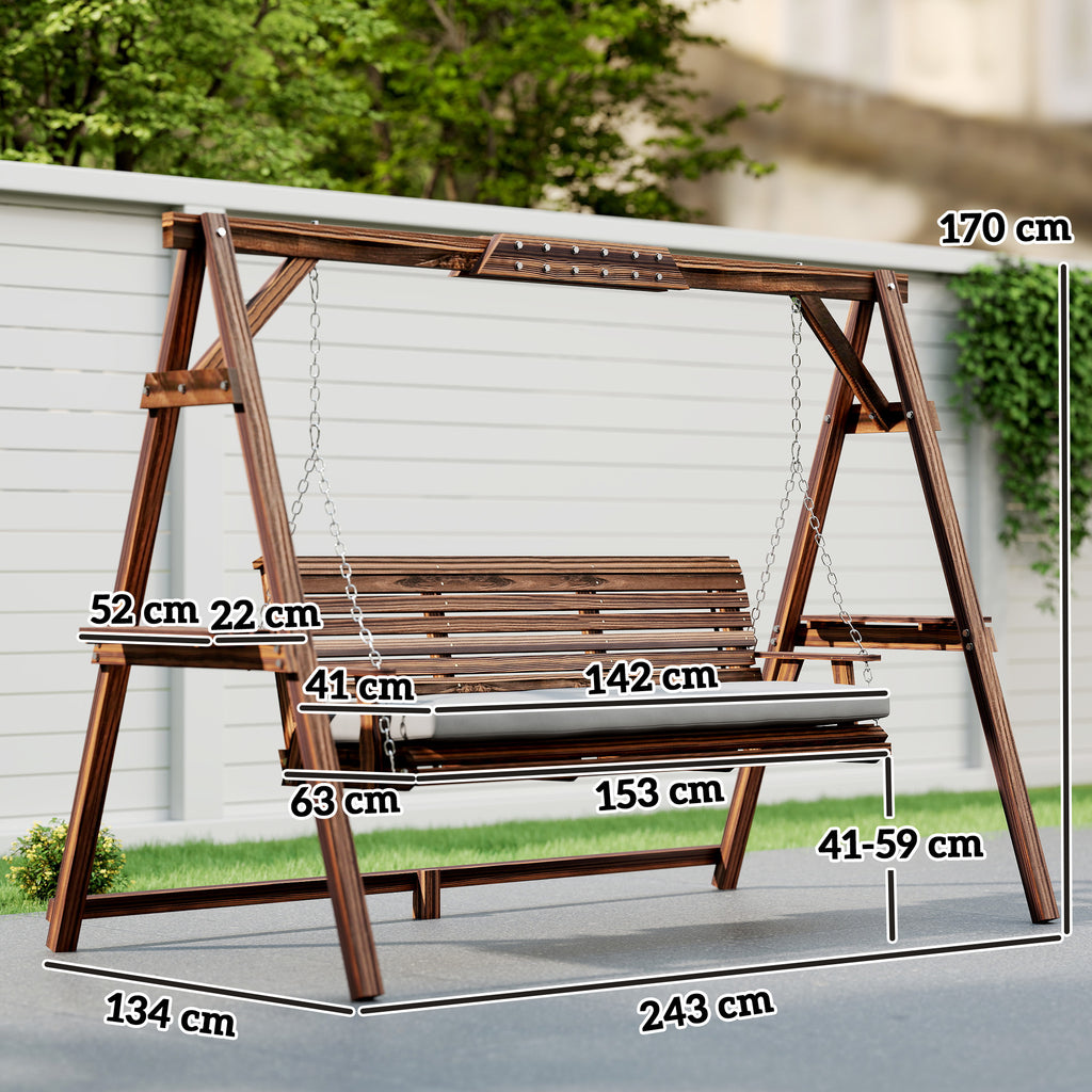 3 Seater Garden Swing Seat, Wooden Swing Chair Bench with Cushion, Side Trays and Metal Chains, for Outdoor Porch Patio, Carbonised Brown