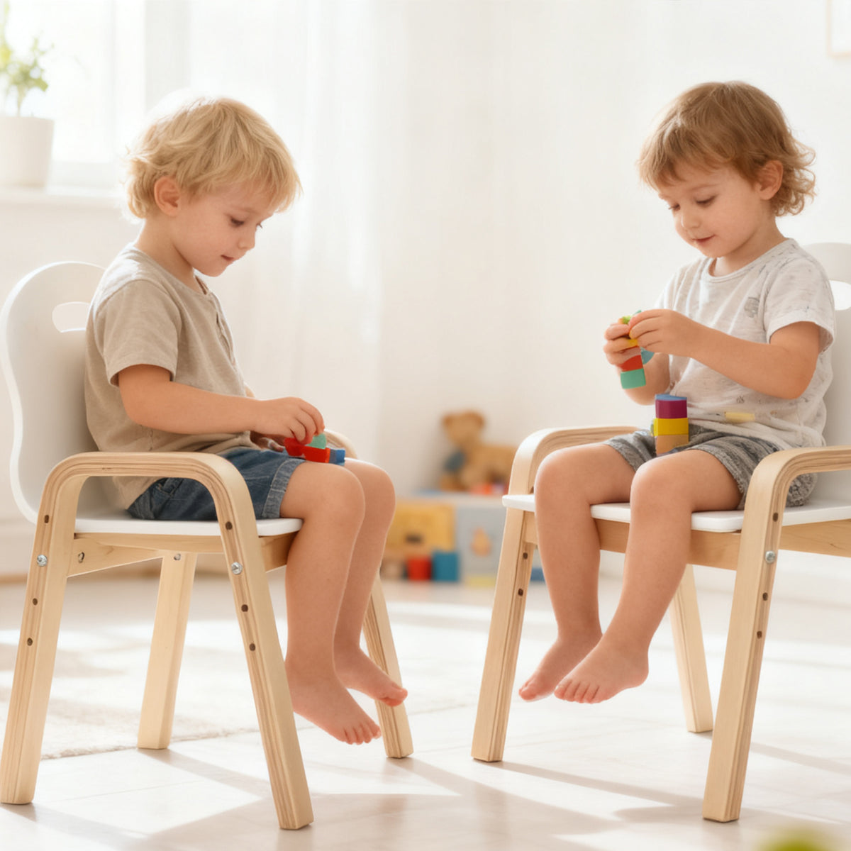 Holzstuhl-Set für Kinder, rutschfeste Fußpads, 3-9 Jahre, höhenverstellbar, Weiß