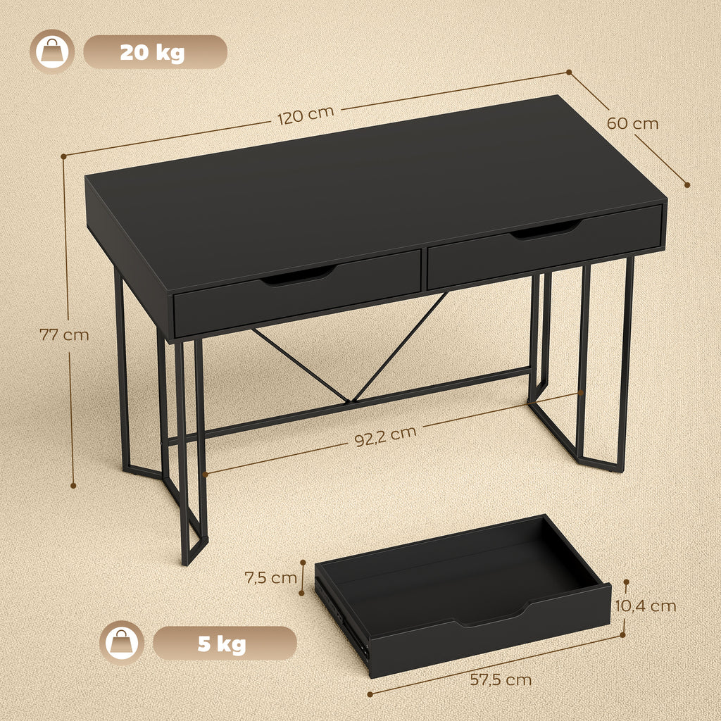 Kleiner Computertisch mit 2 Schubladen, Schreibtisch mit großer Arbeitsfläche 120 x 60 x 77 cm Schwarz