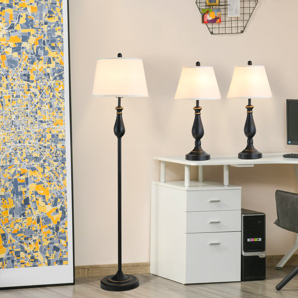 3er-Set Stehlampen-Set inkl. 2 Tischleuchten, 1 Stehleuchte, Tischlampen-Set mit E27 Fassung, Lampenschirm aus Leinen Standlampe für Wohnzimmer, Schlafzimmer, Weiß+Schwarz