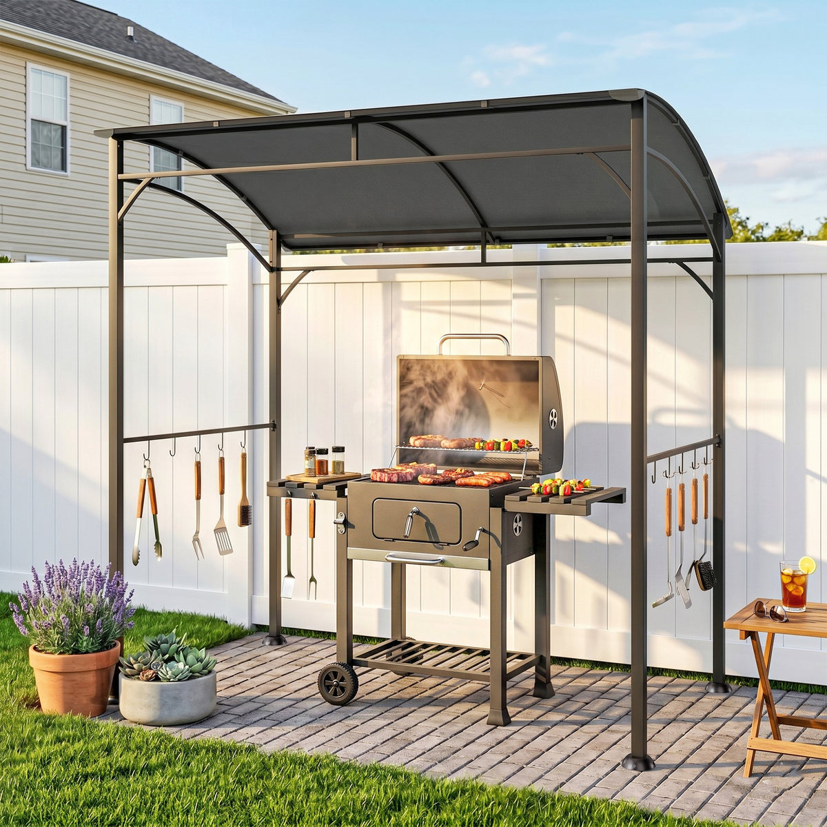 Grillpavillon, Grillüberdachung, Regenschutz, Haken für Utensilien, Stahlrahmen, Dunkelgrau, 215 x 150 x 182/220 cm
