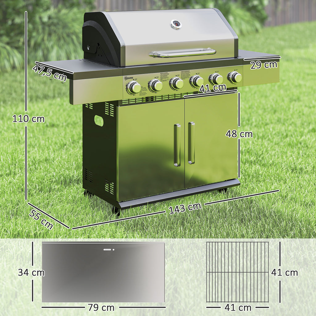 Gasgrill 2,49 kW Grillwagen inkl 6 Edelstahl-Brenner Thermometer Druckminderer 143 x 55 x 110 cm Silber