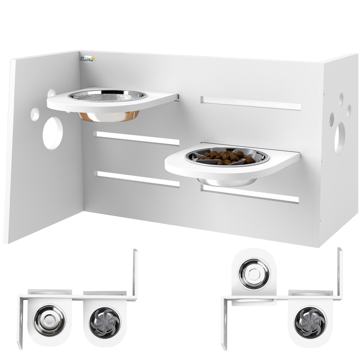 Hundefutternapf-Gestell, verstellbare Futternäpfe mit separatem Design, 2 Edelstahlschüsseln, Anti-Schling-Matte, Weiß