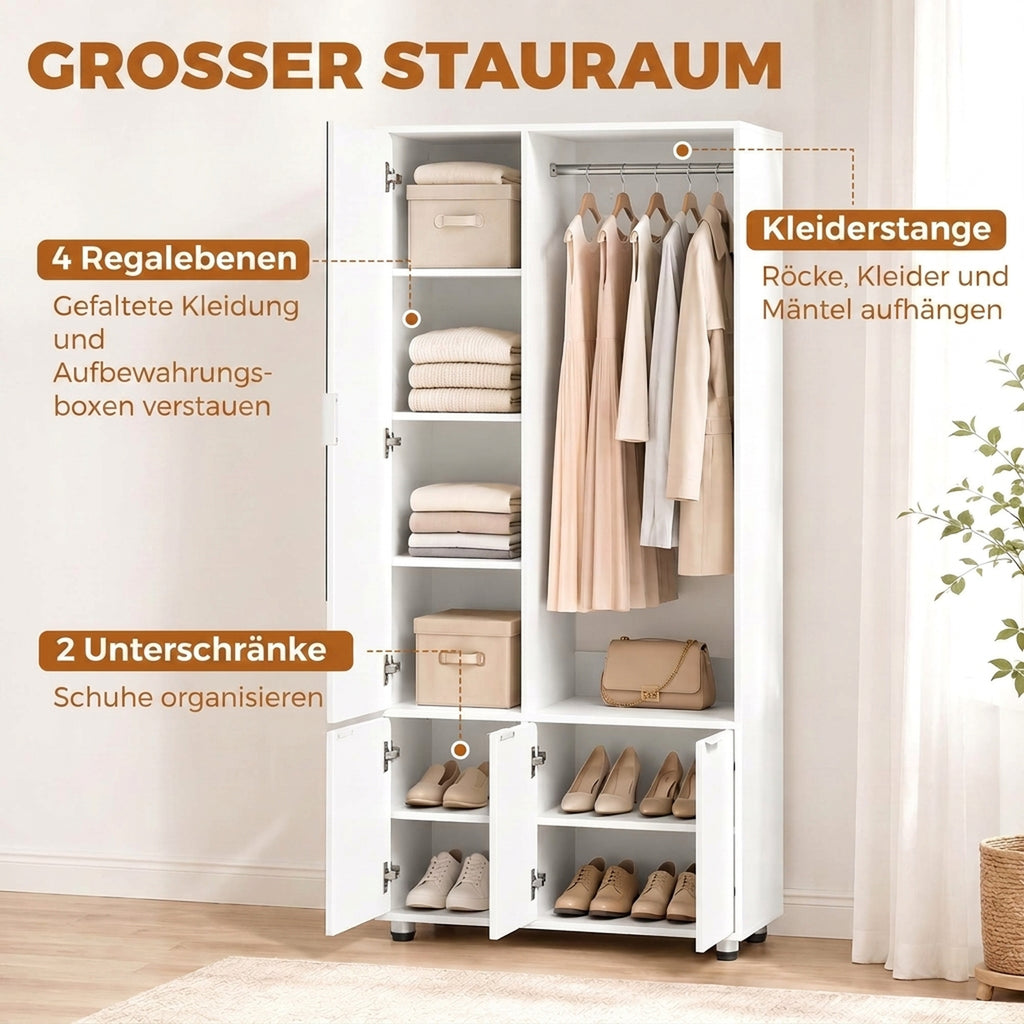 Kleiderschrank mit Spiegel, schmaler moderner Garderobenschrank mit Kleiderstange und Ablagefächern, Weiß