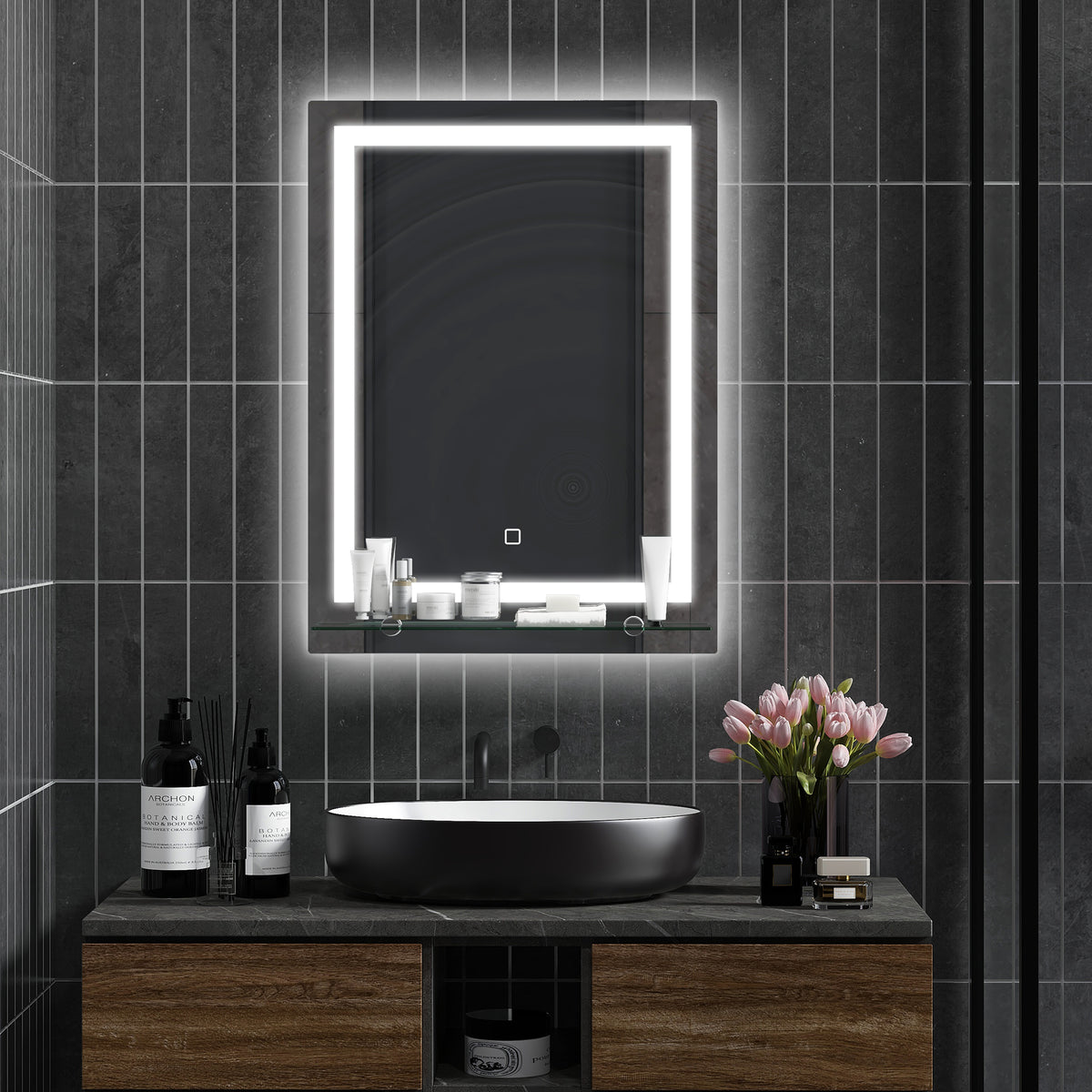 LED-Badspiegel, dimmbar, Anti-Beschlag, Touch-Schalter, Ablage, 50 x 70 cm, Silber