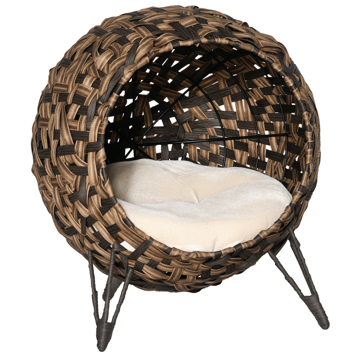 Katzenhaus aus Rattan mit Kissen Katzenschlafplatz Katzenhöhle mit erhöhten Füßen Braun Ø52 x 58 cm