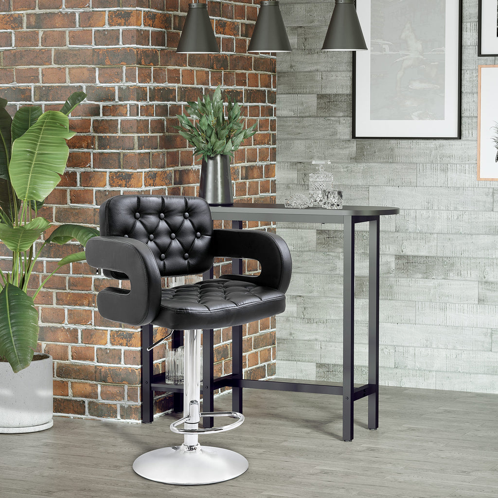 Mid-Back Hollow Design Height Adjustable Barstool with PU Leather Surface, U-Shape Armrest, Steel Pole for Bistro, Lounge, Kitchen, Black