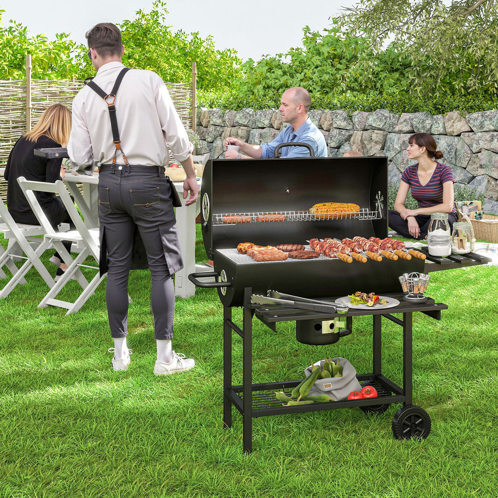 Charcoal BBQ Grill with Foldable Front Side Shelf, Portable Barbecue Smoker with Warming Rack, Bottom Shelf, Lid, Temperature Gauge, Wheels for Outdoor Cooking Garden Party, Black