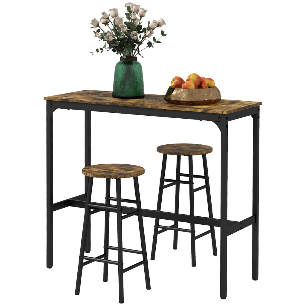 3 Piece Bar Table Set with 2 Stools, Industrial Bar Table and Stool Set, Dining Table and Chair Set, Rustic Brown