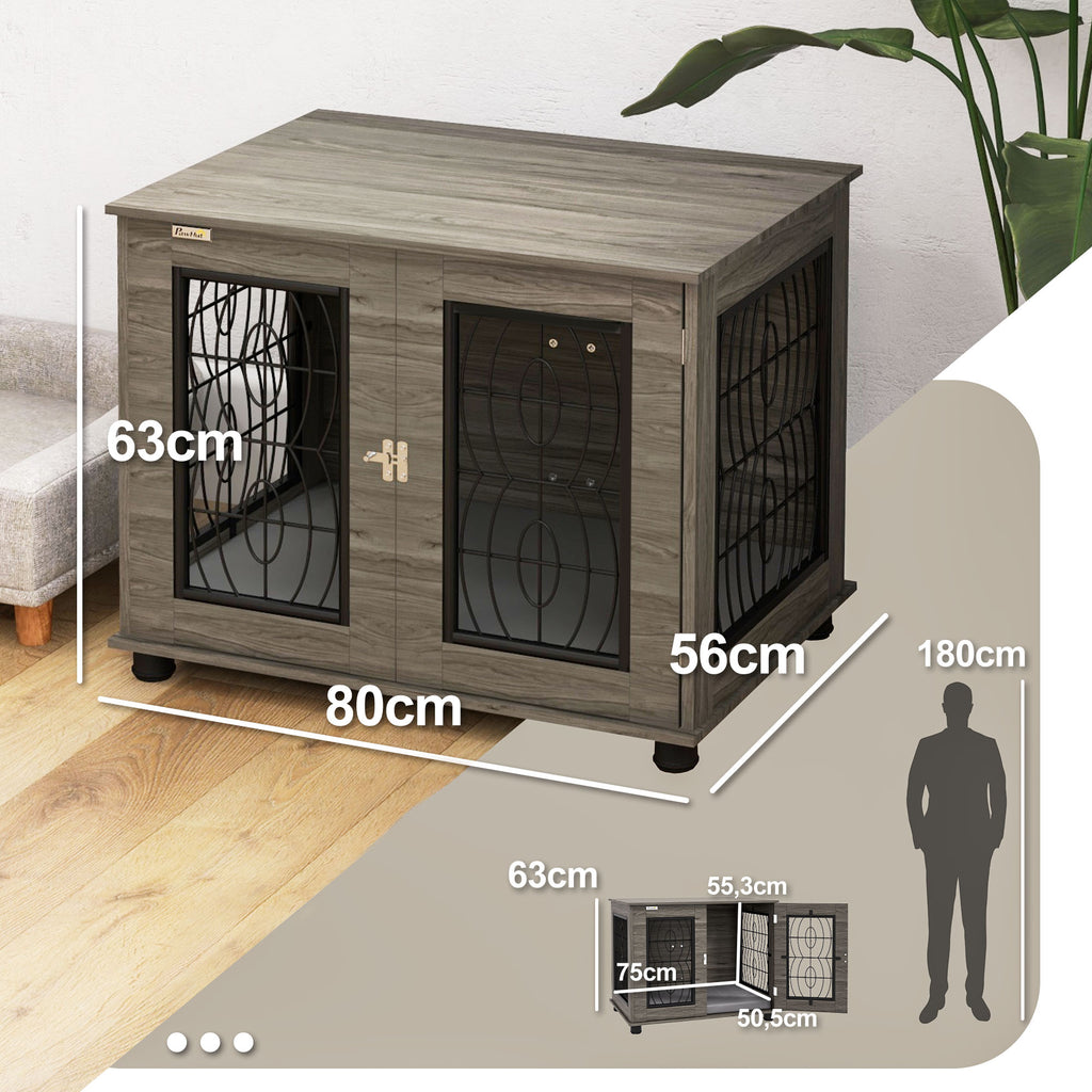 Hundebox mit Liegekissen, bis 20kg/50cm Körperlänge, Metall, 80x56x63cm, Grau/Holzdekor