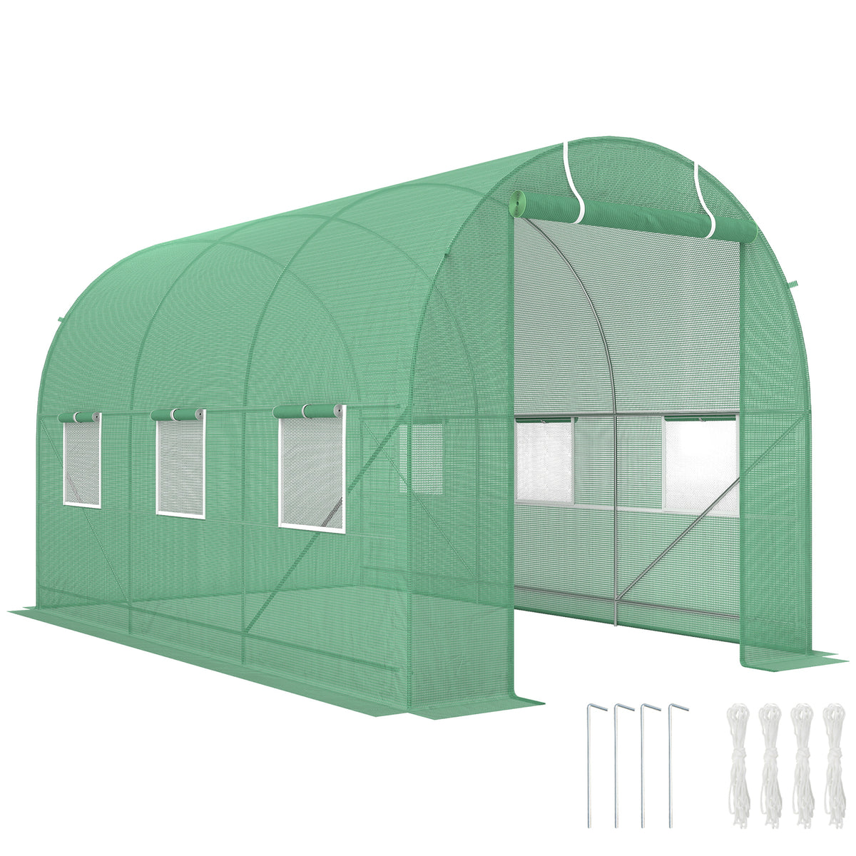  Gewächshaus 350x200x200cm Foliengewächshaus Tomatenhaus mit Tür, 6 Fenster, Folientunnel aus verzinktem Stahl, PE, stabiles Treibhaus Pflanztunnel, inkl. Erdanker & Seilen, Grün