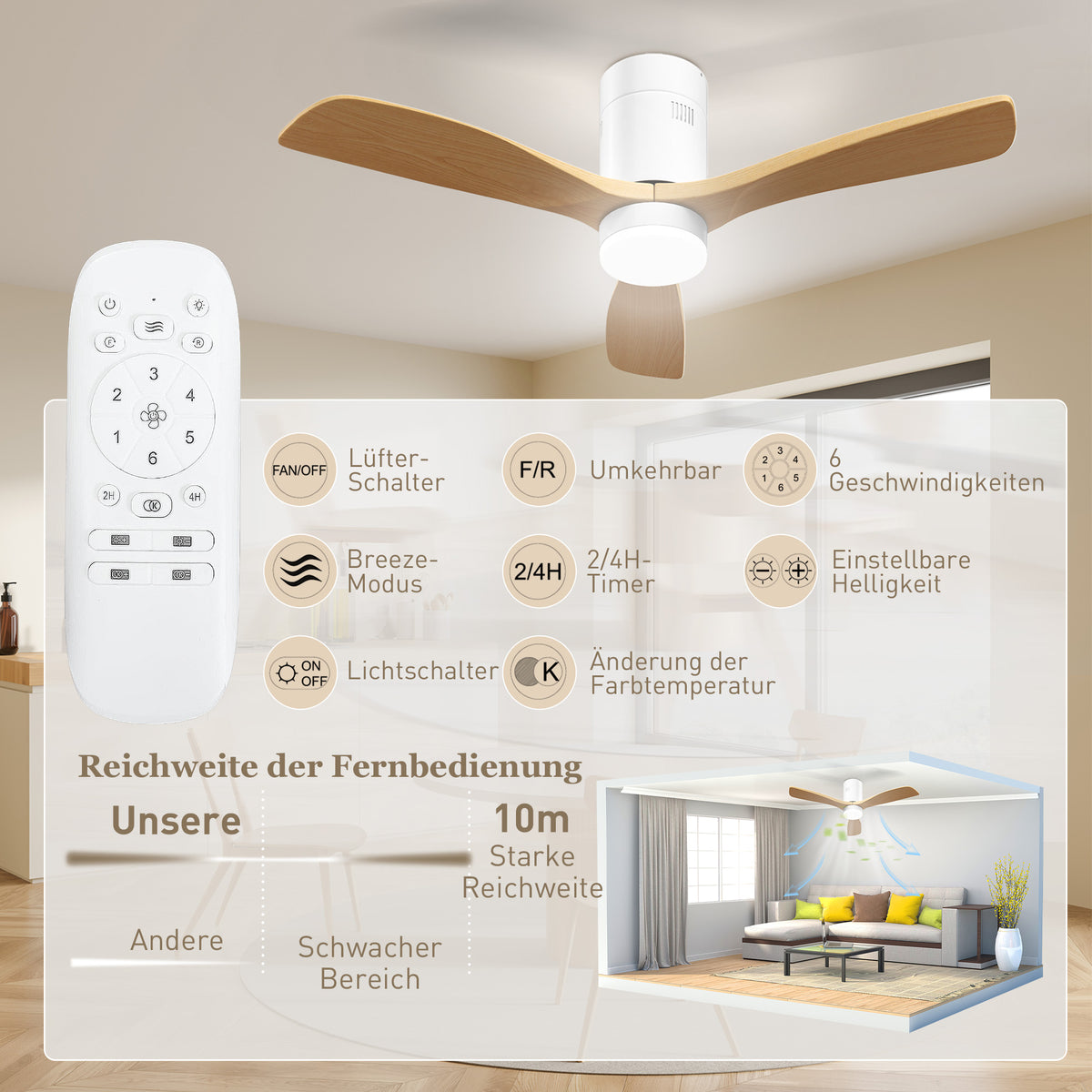 Deckenventilator mit LED-Licht, 6 Geschwindigkeiten, Fernbedienung, Hellbraun