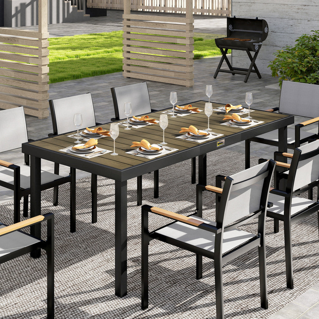 Aluminium Outdoor Garden Dining Table for 8 People, Faux Wood Top, for Garden, Patio, 190 x 90 x 74cm, Brown