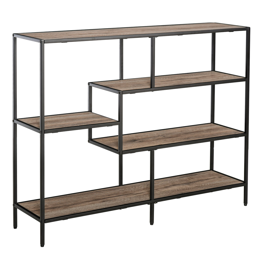 Standregal, Bücherregal Lagerregal Industrieller Stil, Aktenregal, Küchenregal, P2 Spanplatte, Metall, Schwarz+helle Eiche, 120 x 32 x 95 cm