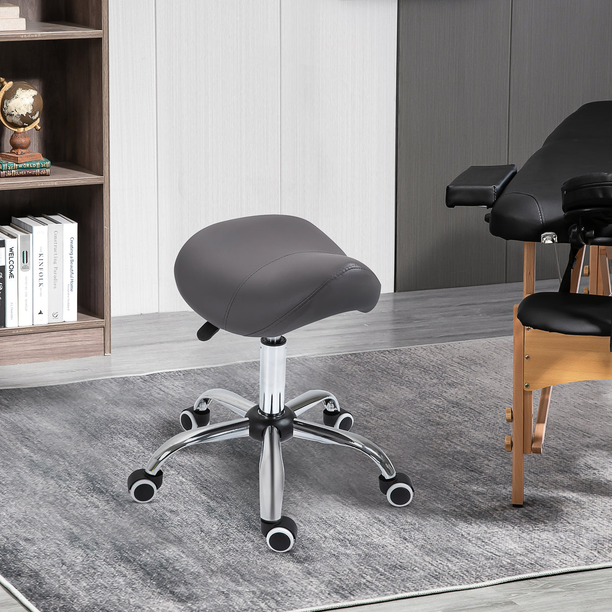 Cosmetic Stool 360° Rotate Height Adjustable Salon Massage Spa Chair Hydraulic Rolling Faux Leather Saddle Stool, Grey